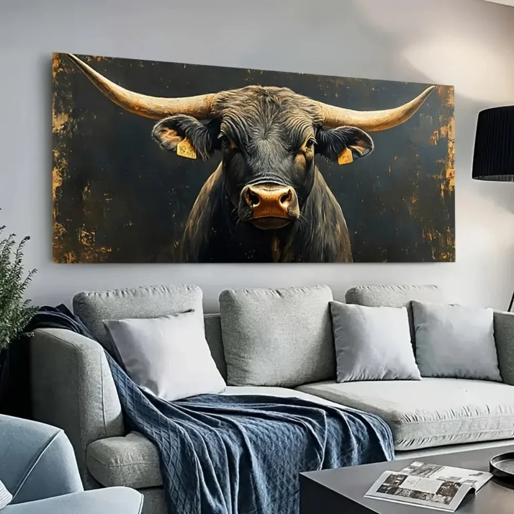 1 piece thick wood frame canvas art, modern big Horn Black Bull canvas painting art, modern interior decoration