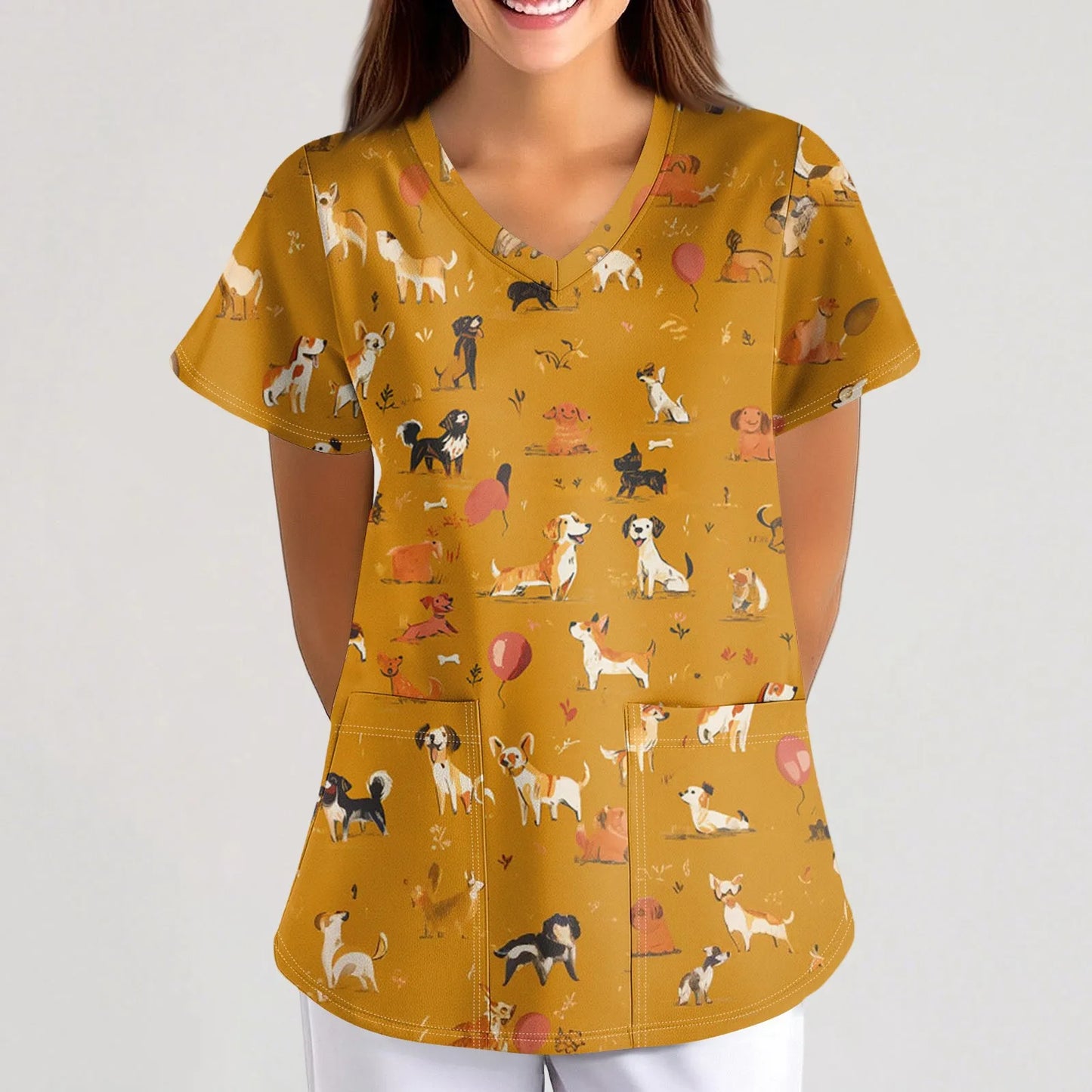 Eillysevens Women Nurse Uniform Cartoon Print Pocket Top