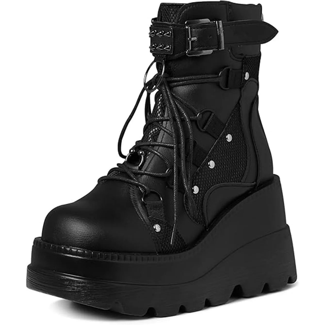 GIGIFOXCN Women Gothic Wedge Combat Ankle Boots Buckle Lace Up