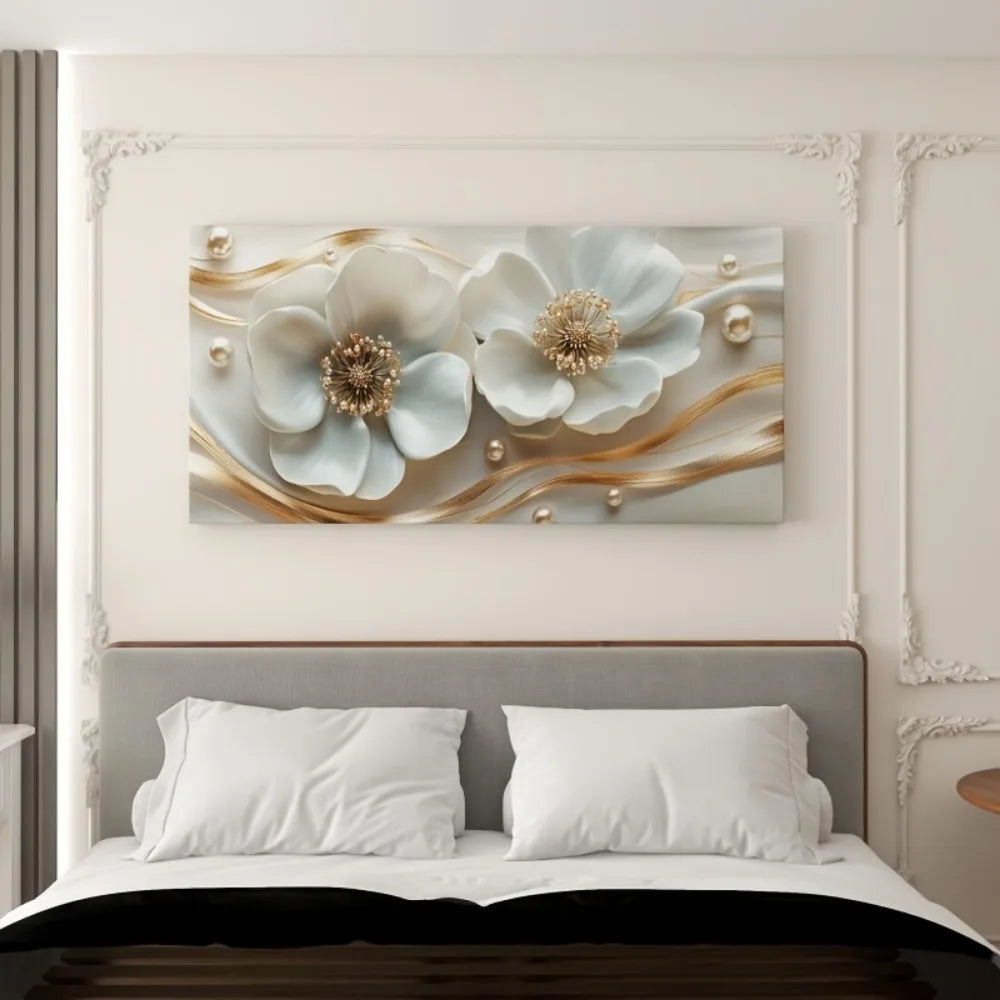 Modern abstract white floral canvas wall art with gold embellishments - elegant interior with 1.5 inch thick pine frame