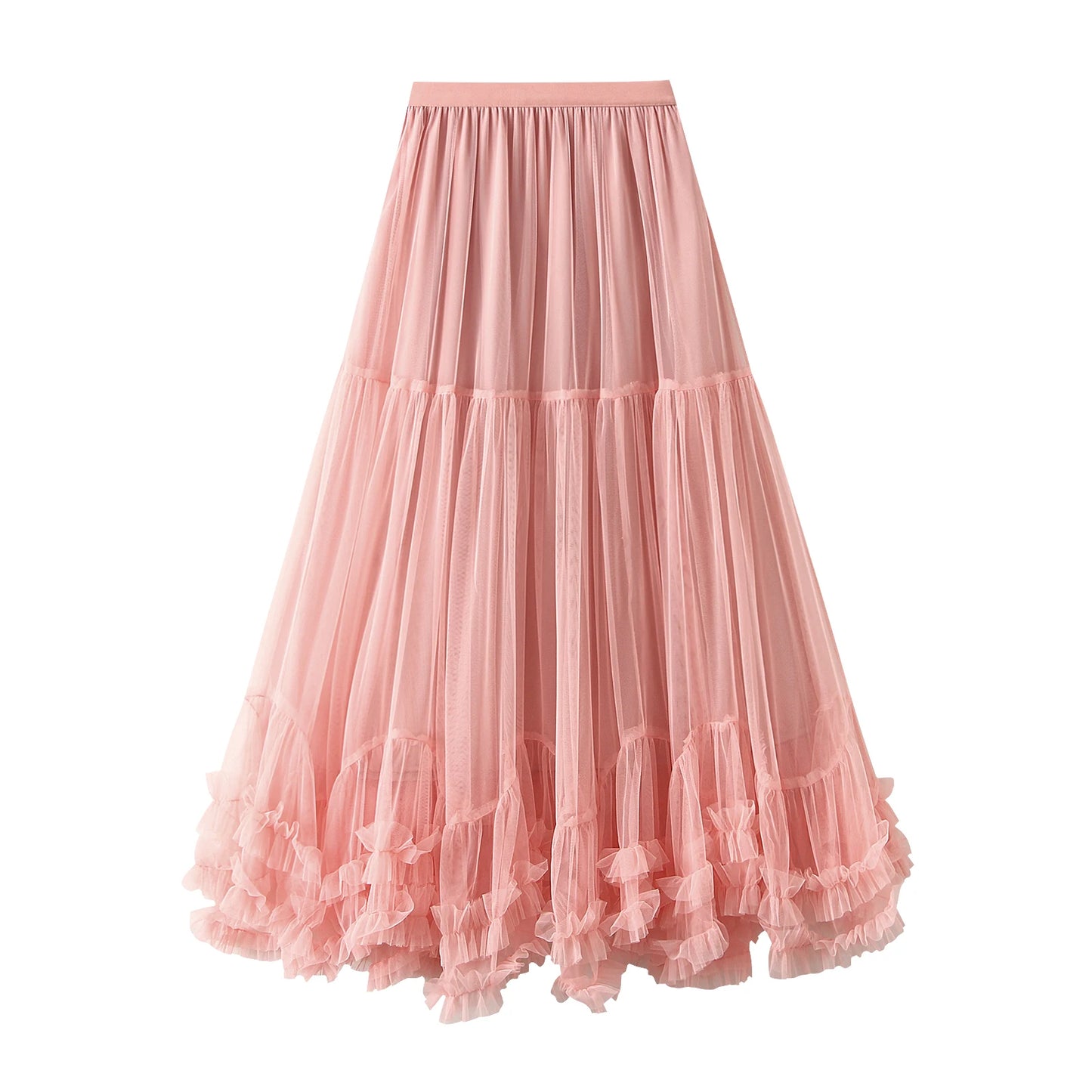 Women’s Tulle Long Skirts Elastic High Waist Ruffle Hem Tutu Skirts Fluffy A-line Midi Skirts