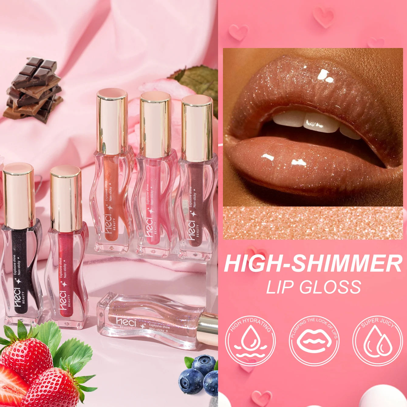 2PCS Shimmer Glossy Lip Glaze Duo- Vegan Tinted Formula, Fine Glitter, Non-Sticky High Shine Glass Lip Finish Sparkle-Nude