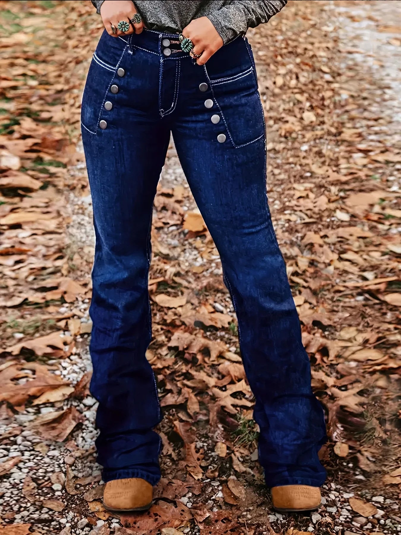 Women's mid high waisted elastic button deep blue micro flared denim pants