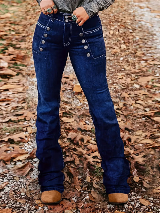 Women's mid high waisted elastic button deep blue micro flared denim pants