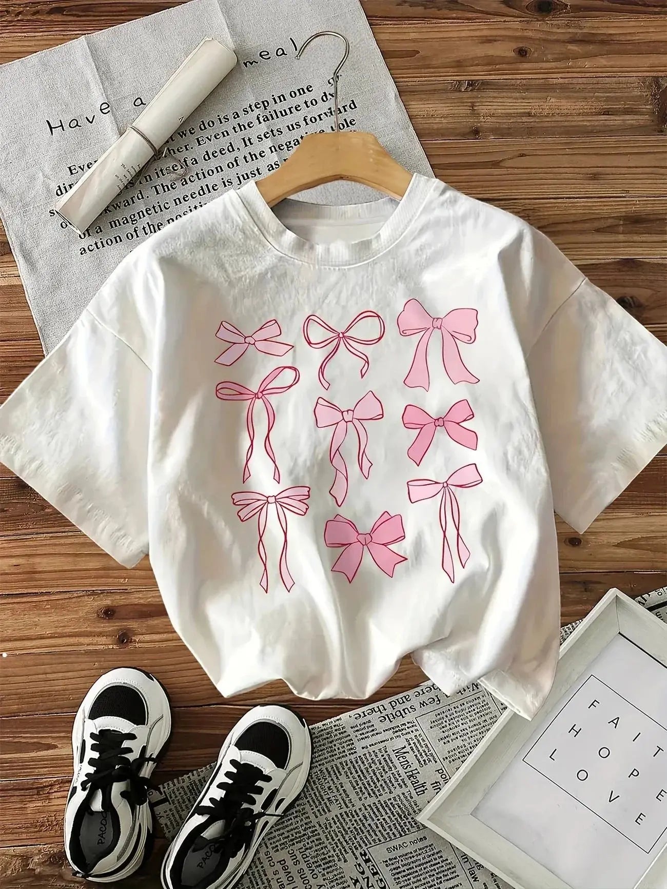 Pink Bow Print T-shirt Women'S Vintage Style Casual Printed T Shirt Bo Short Sleeve Top Tee Kawaii Clothes Women Clothing