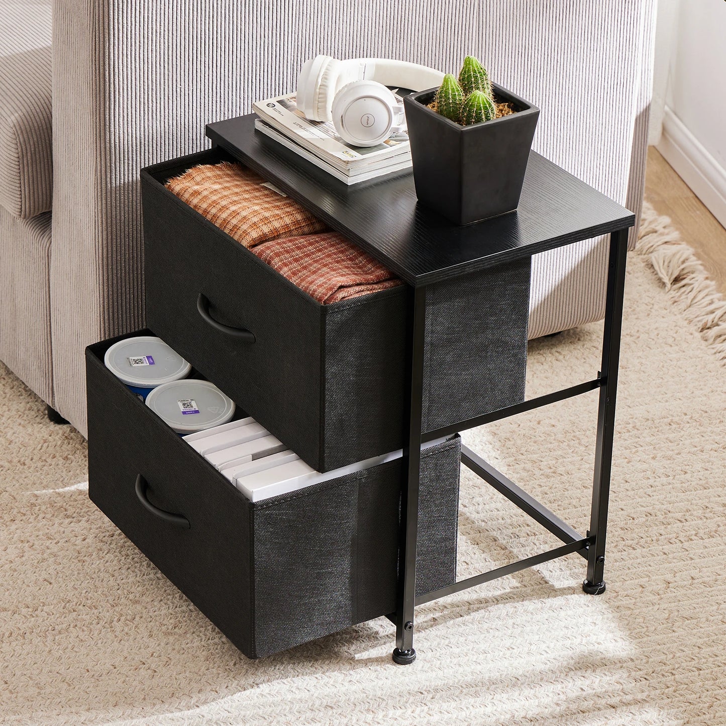 JHK Nightstand Bedside Table With 2 Fabric Drawers Storage Cabinet