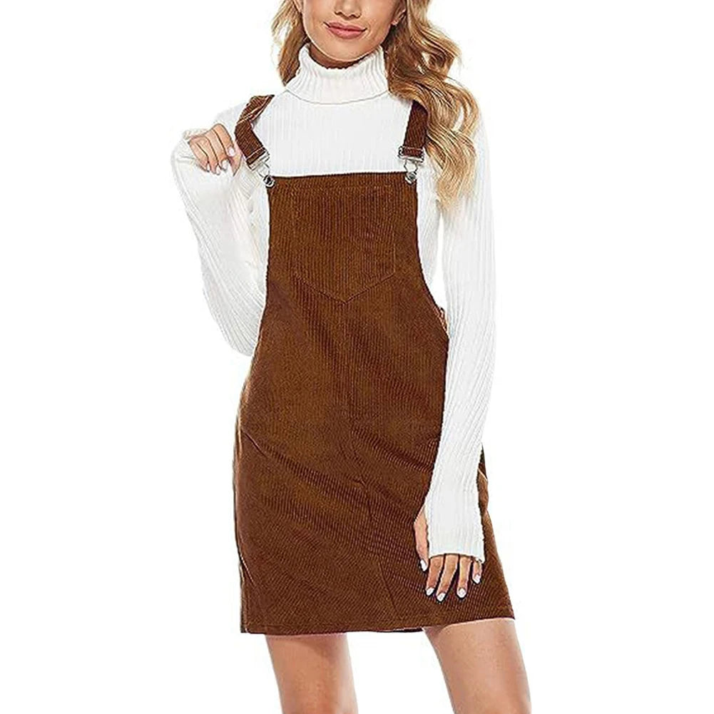 APWIKOGER Casual Corduroy A-Line Mini Dress With Pockets