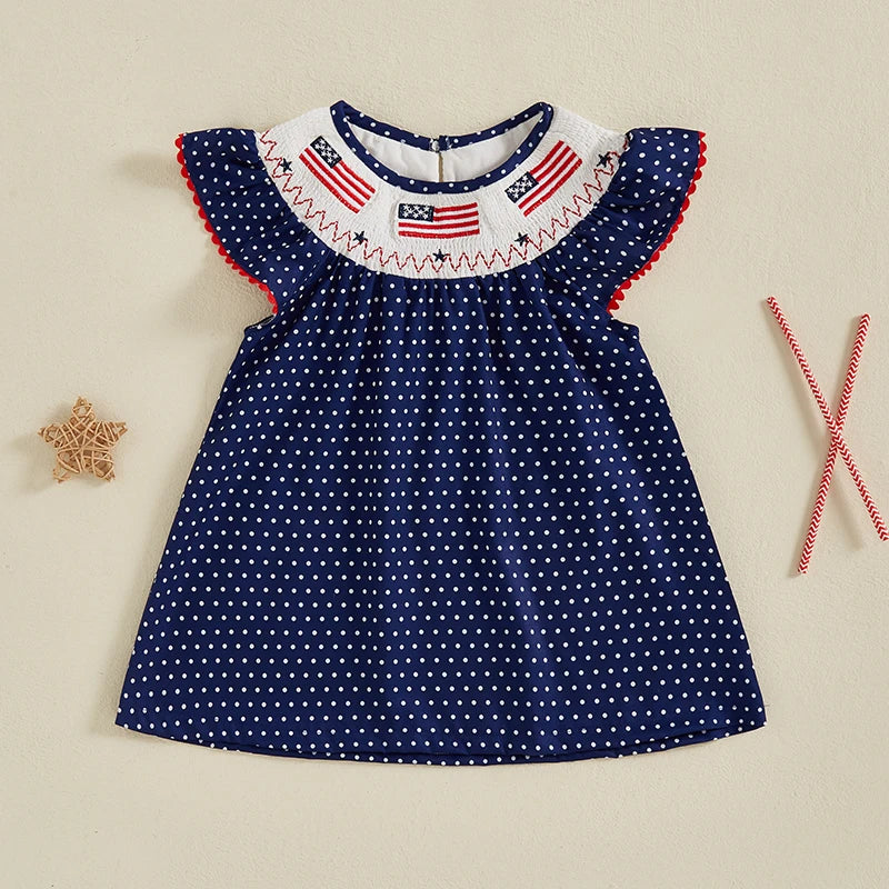 Girls American Flag Embroidered Dress with Polka Dot and Plaid Print Short Sleeve Toddler Dress for Patriotic Events and Cute