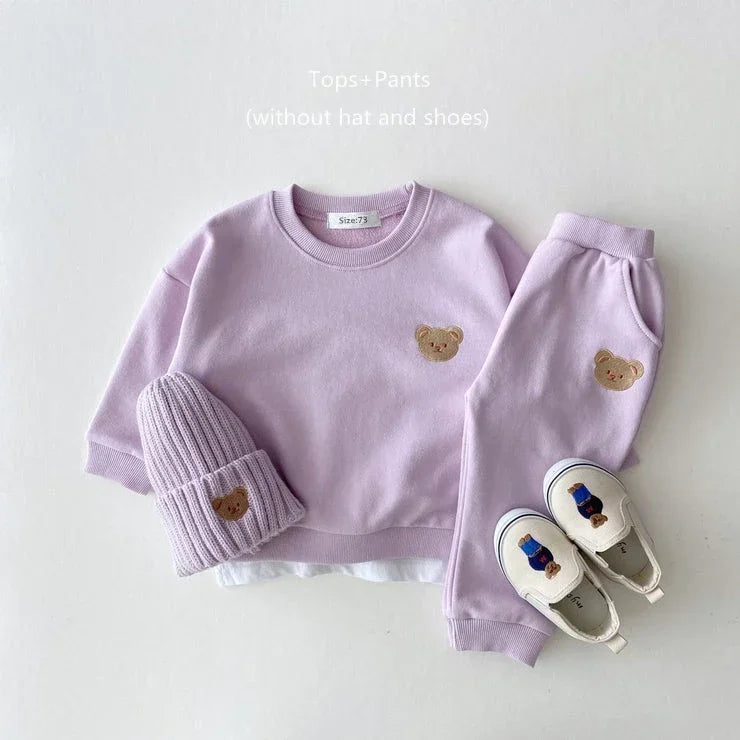 INS Newborn Infant Children's Cotton Bear Round-Neck Sweatshirt Sports Set Baby Casual Cartoon Two-Piece Set