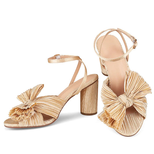 GIGIFOX Bowknot Elegant Super High Heel Sandals Pleated Ankle Strap Open Toe Round Heel Buckle Strap Shoes Fashion Dress Sandals