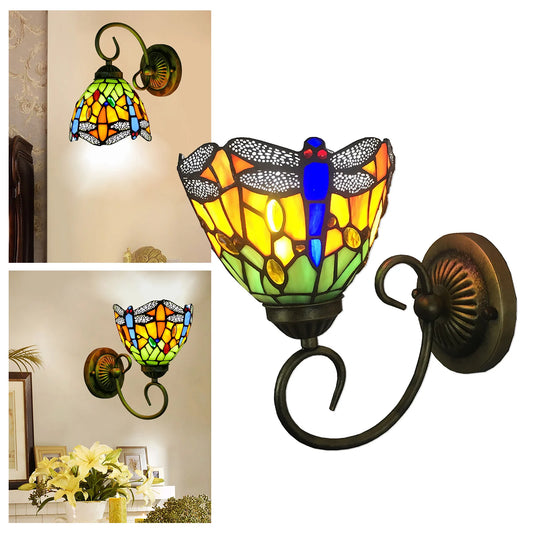 Stained Glass Wall Light Dragonfly E27 Iron Sconce Classic