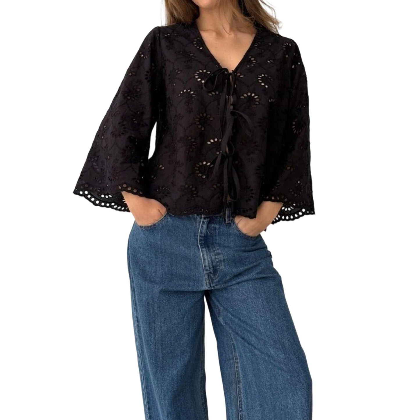 Stylish Women s V Neck Blouse with Eyelet Detailing Solid Color Loose Fit 3 4 Sleeves and Tie Front Design