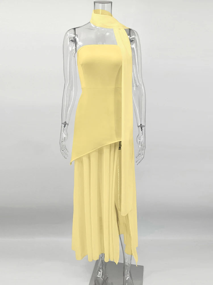 TARUXYCN Strapless Ribbon Dress Women Elegant Mesh Sleeveless Maxi Beach Vacation