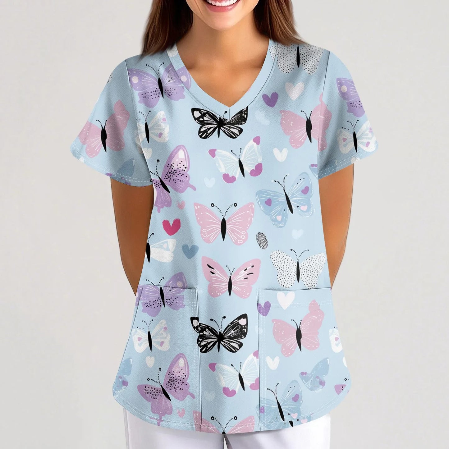 Eillysevens Women Nurse Uniform Cartoon Print Pocket Top