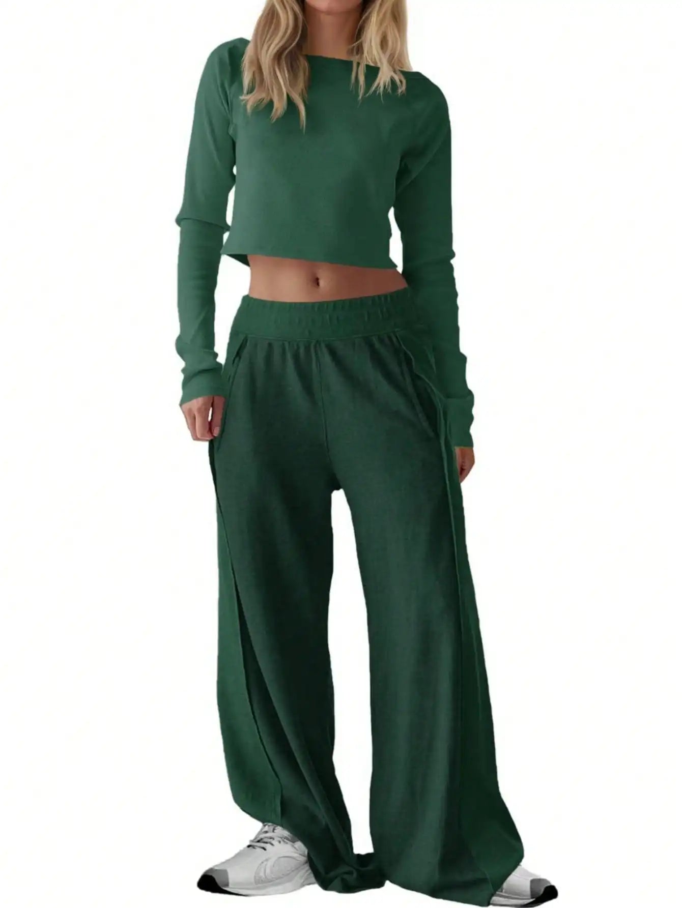 Fisoew Women Two Piece Set Off Shoulder Crop Top Wide Leg Pants Casual Lounge Wear Travel Outfit Long Sleeve Tracksuit