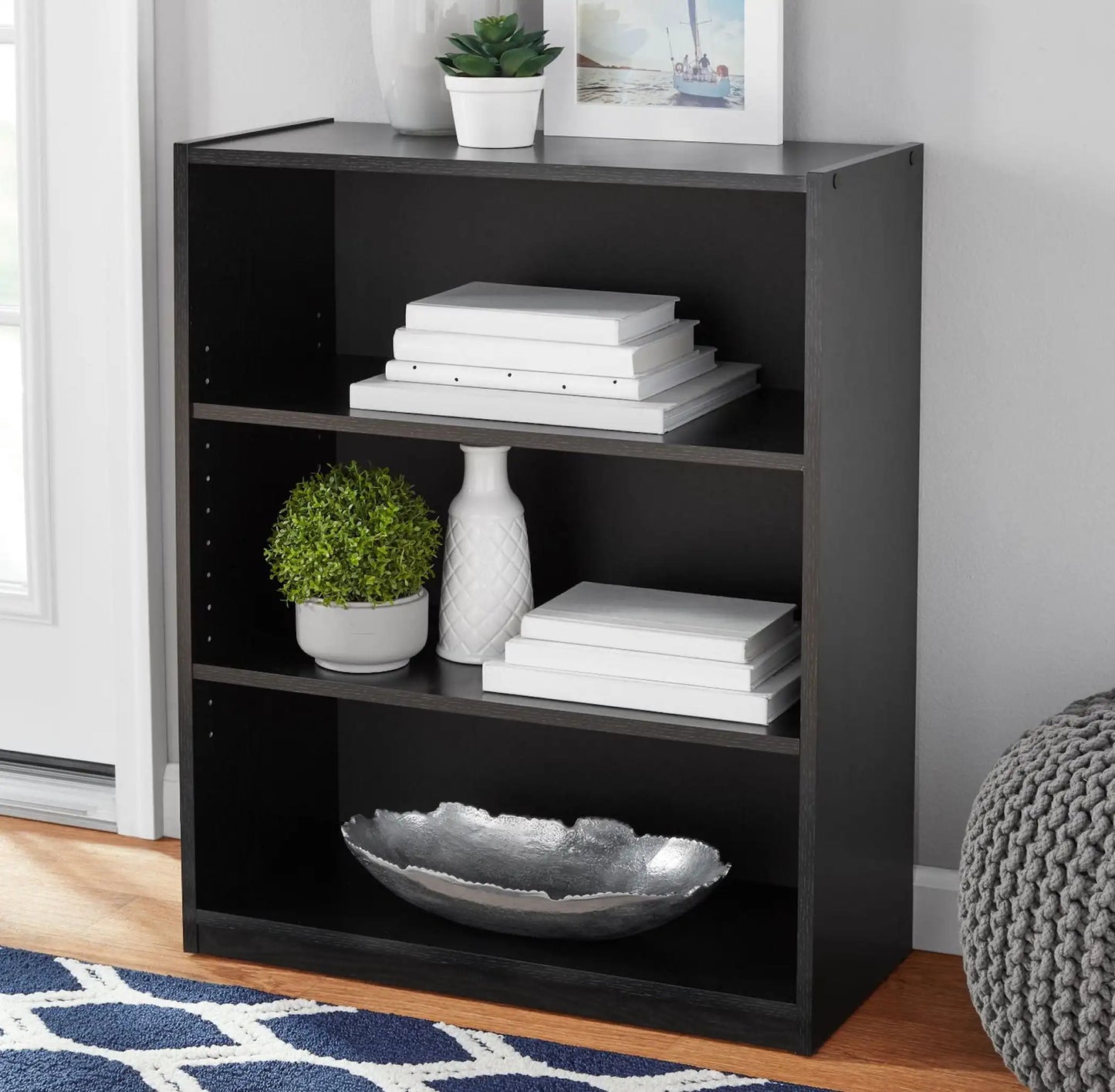 3-Shelf Solid Wood Bookcase With Adjustable Shelves