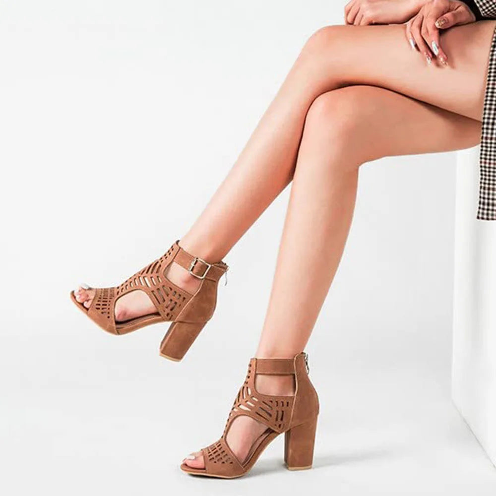 DoraTasia New Fashion Concise Women's Buckle High Heel Sandals Retro Hollow Out Design Chunky Heel Nightclub Ladies Sandals