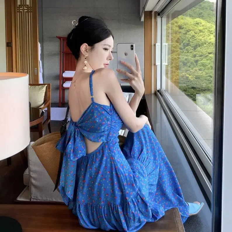 Hebei Floral Halter Dress For Women Butterfly Knot Back High Waist Sleeveless Empire Waist Beach Outfit