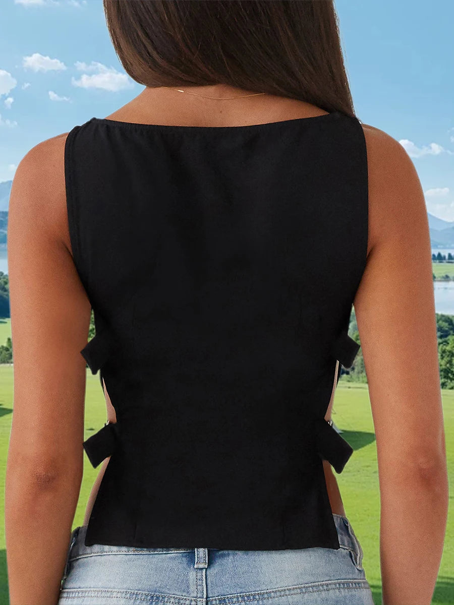 Hirigin Women Sleeveless Boat Neck Tank Top With Side Buckle