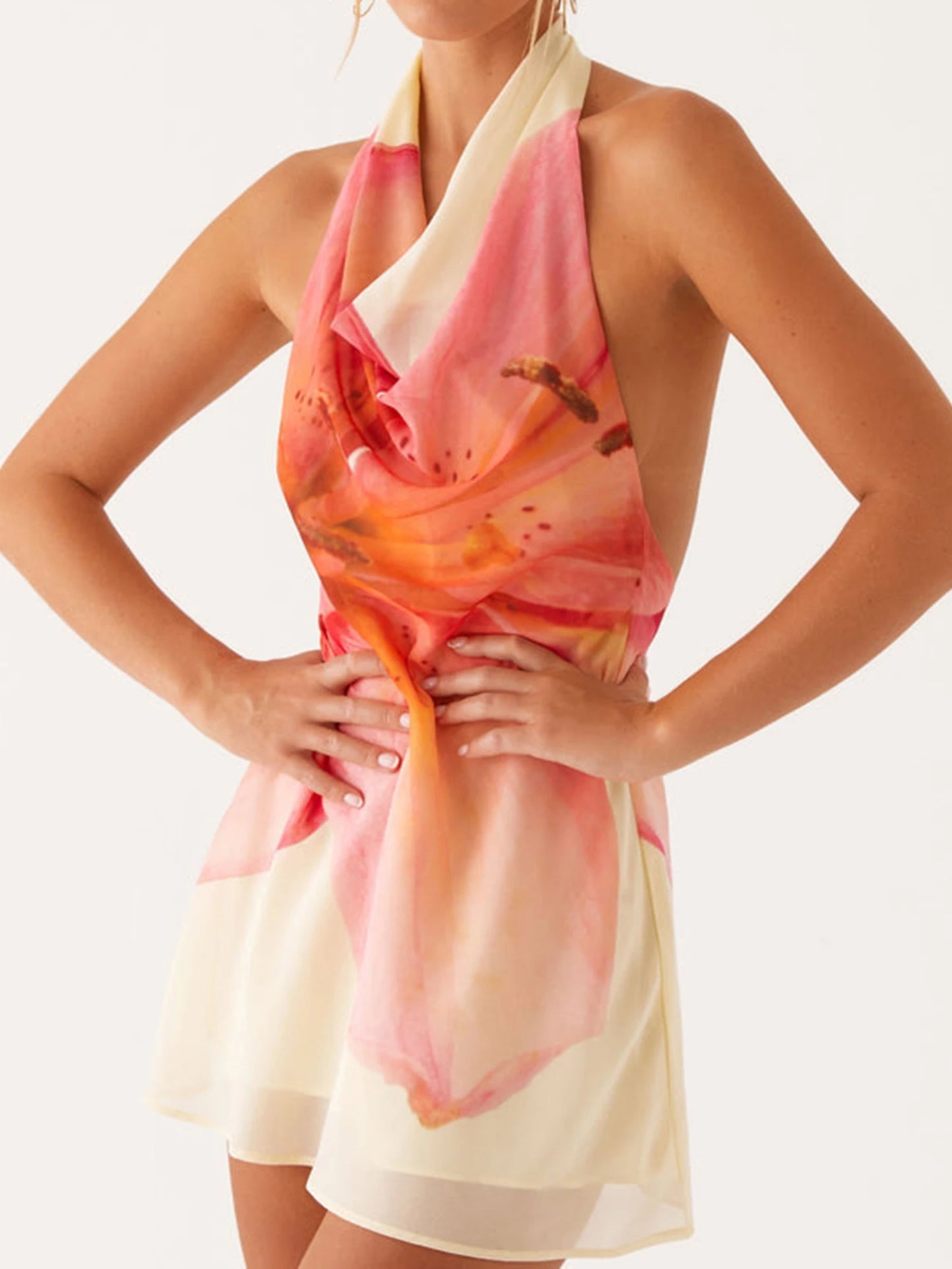 Hirigin Elegant Floral Sleeveless Halter Neck Mini Dress For Women