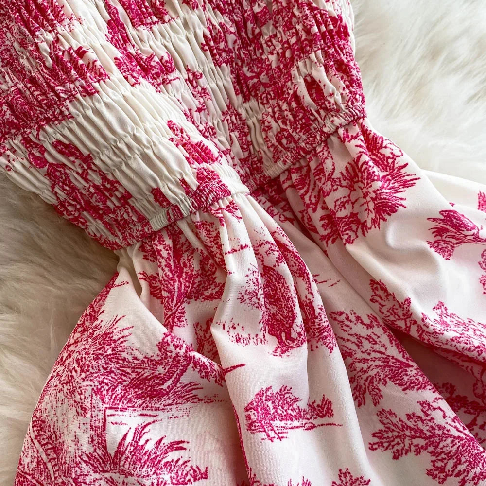 Abebey Elegant Floral Print Retro Party Dress With Elastic High Waist Maxi Beachwear