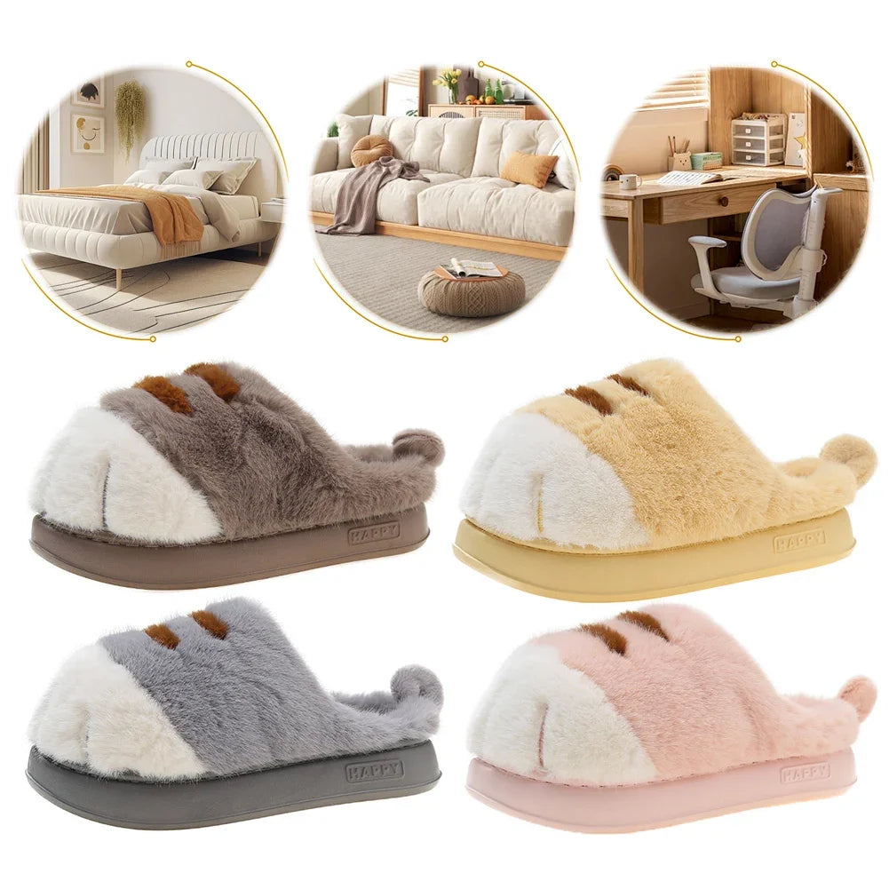 3D Cat Paw Plush Slippers Indoor Home House Shoes Winter