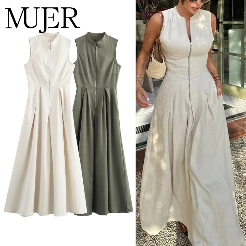 MUJERCN Zipper Long Pleated Sleeveless Midi Dress For Women