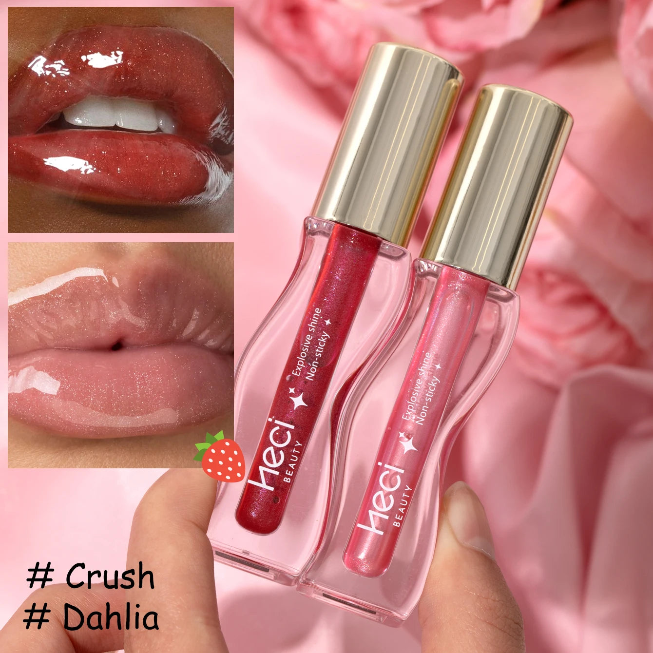 2PCS Shimmer Glossy Lip Glaze Duo- Vegan Tinted Formula, Fine Glitter, Non-Sticky High Shine Glass Lip Finish Sparkle-Nude