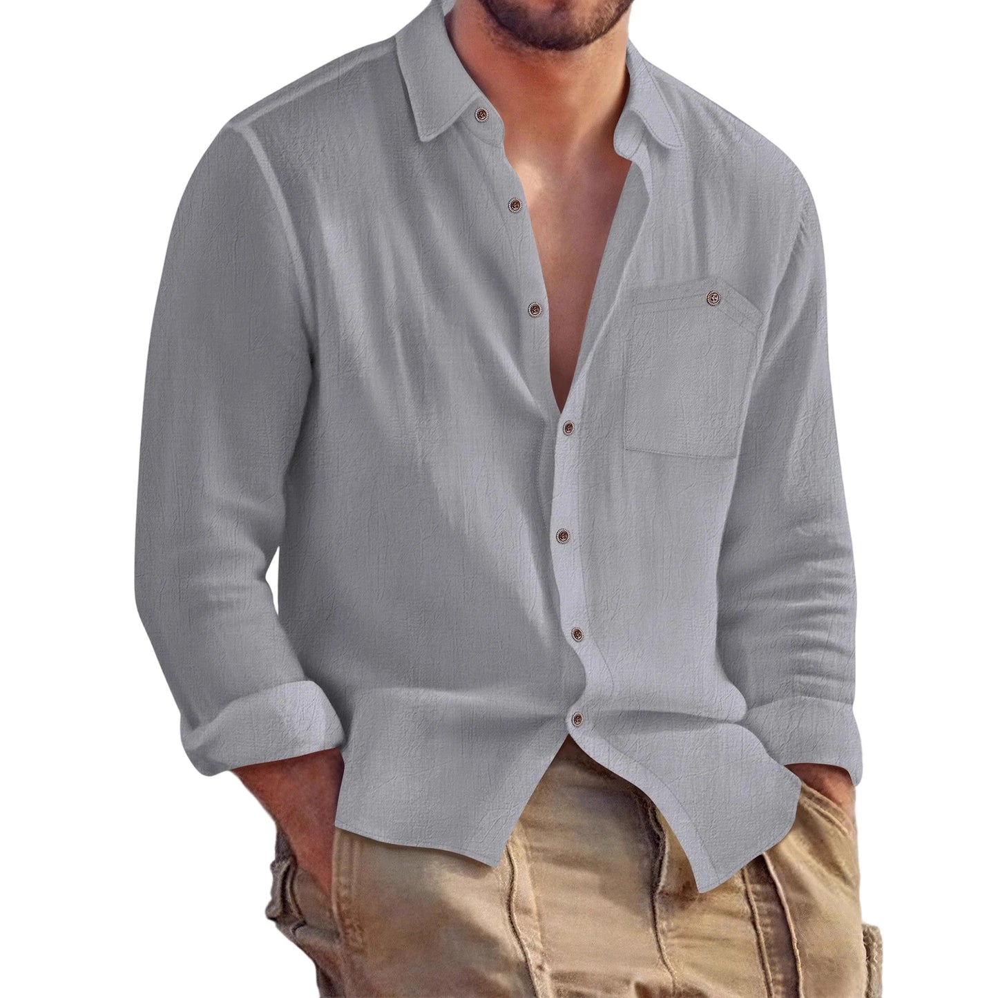 Men s Relaxed Fit Long Sleeve Solid Color Button Down Shirt with Turn-down Collar and Chest Pockets for Autumn Casual Wear