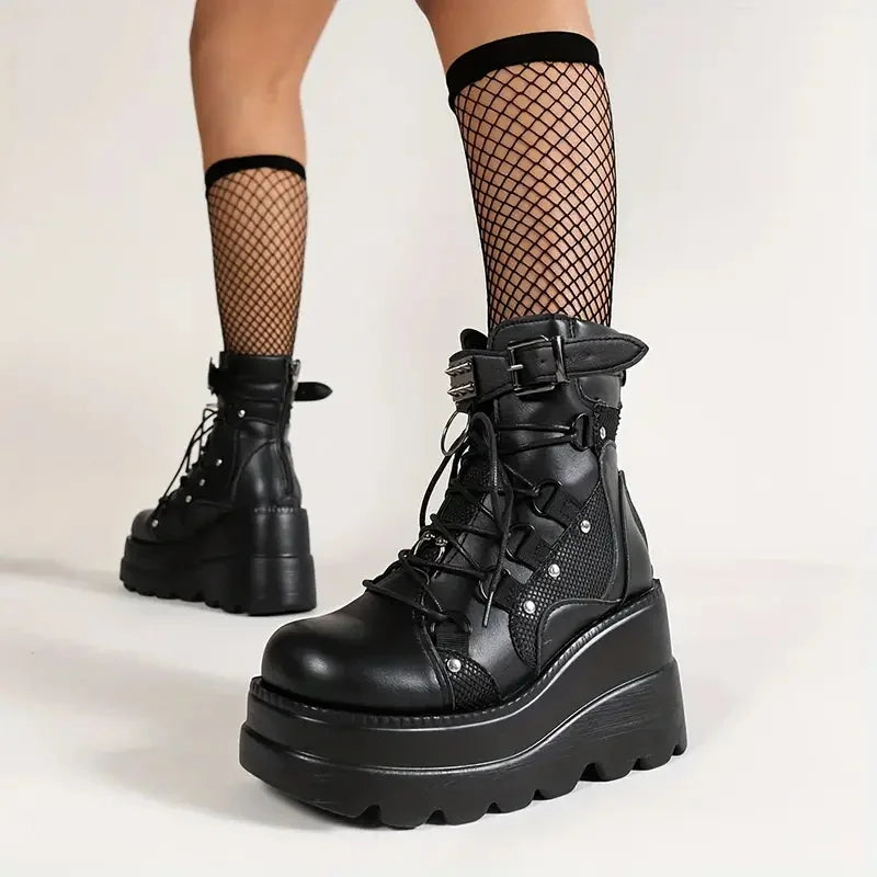 GIGIFOXCN Women Gothic Wedge Combat Ankle Boots Buckle Lace Up