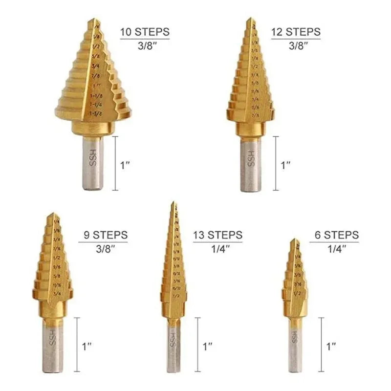 MEYOUTOWNDIY Step Drill Bit Set 5-Piece Titanium Coated HSS Center-Punch