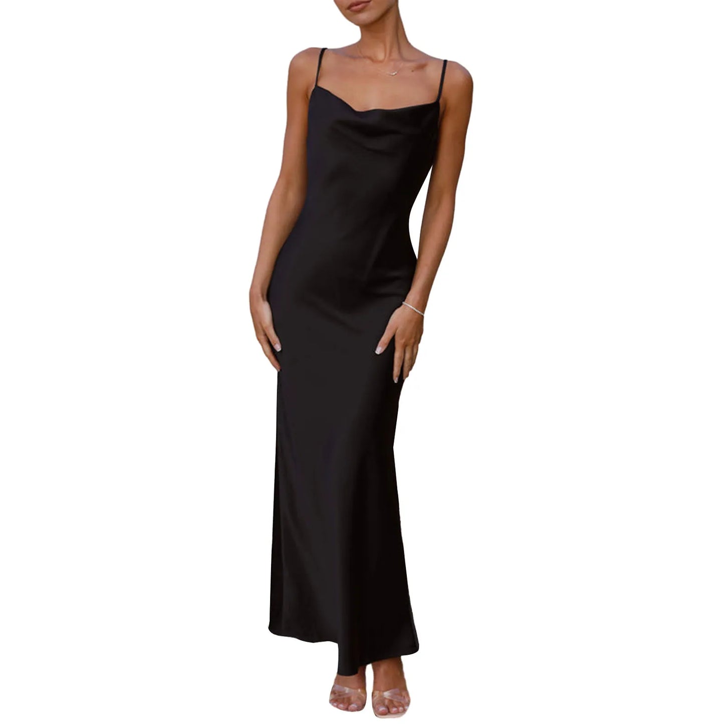 Hirigin Velvet Spaghetti Strap Cowl Neck Backless Bodycon Dress