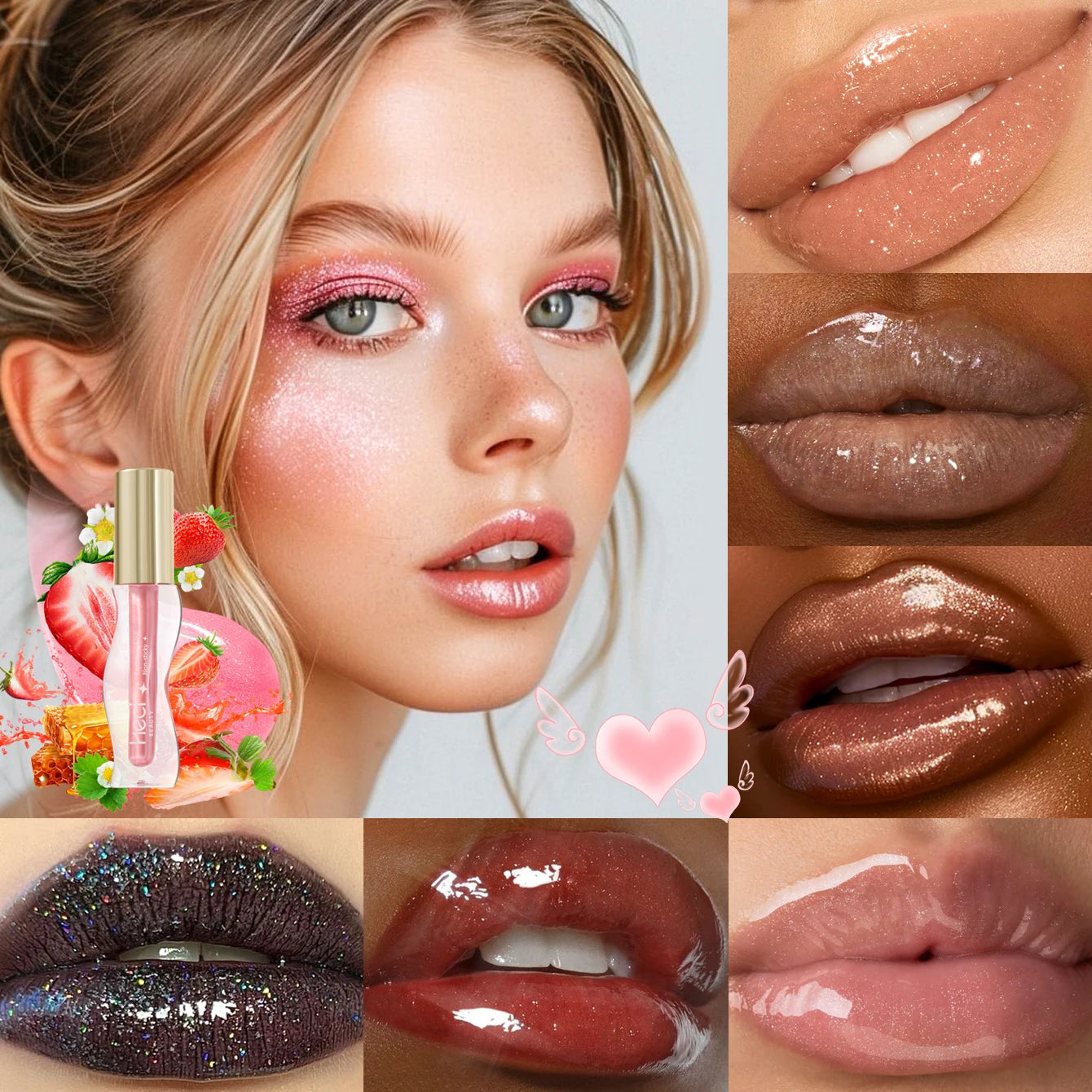 2PCS Shimmer Glossy Lip Glaze Duo- Vegan Tinted Formula, Fine Glitter, Non-Sticky High Shine Glass Lip Finish Sparkle-Nude