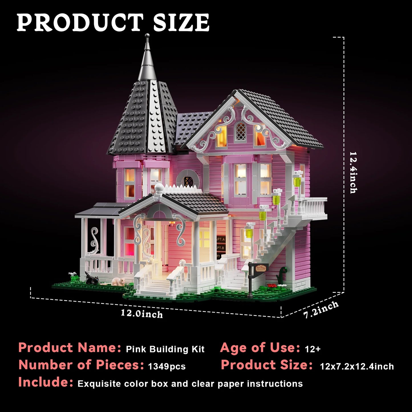 Pink Palace House Building Blocks Set with Lights,Horror Haunted House Bricks Toys Christmas Halloween Gifts for Kids(1349PCS)