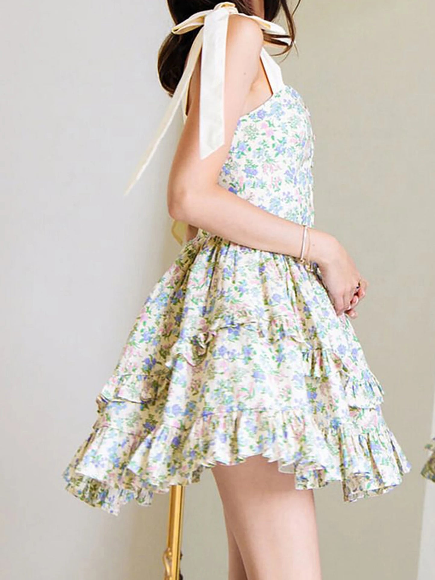 Hirigin Elegant Sleeveless Floral Print Mini Dress Bow Tie Shoulder