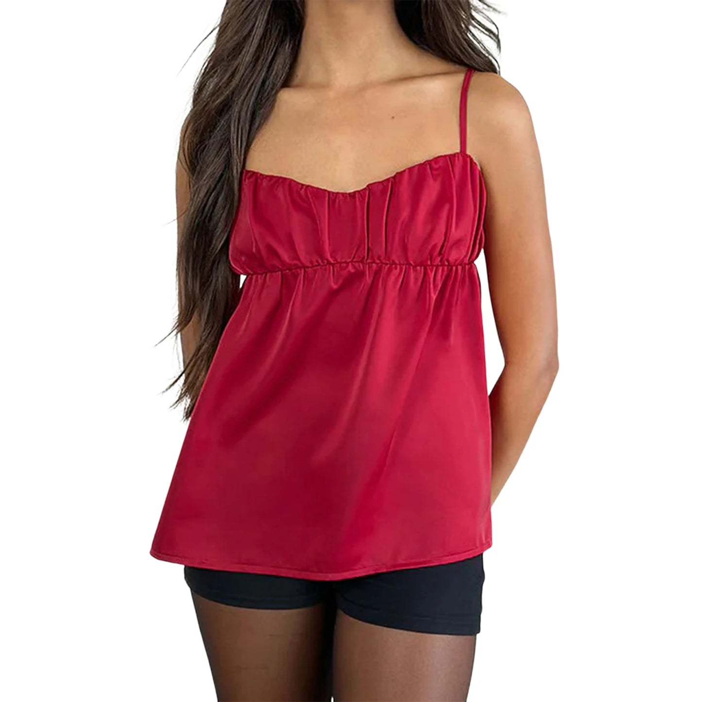 Hirigin Women Satin V Neck Sleeveless Blouse With Ruffle Hem