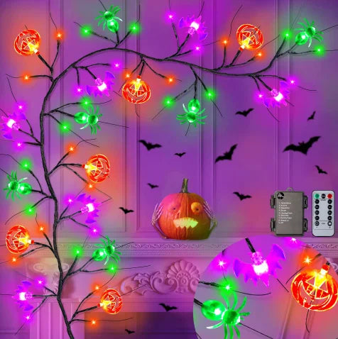Willow Vine Halloween String Lights With Bat Spider Pumpkin