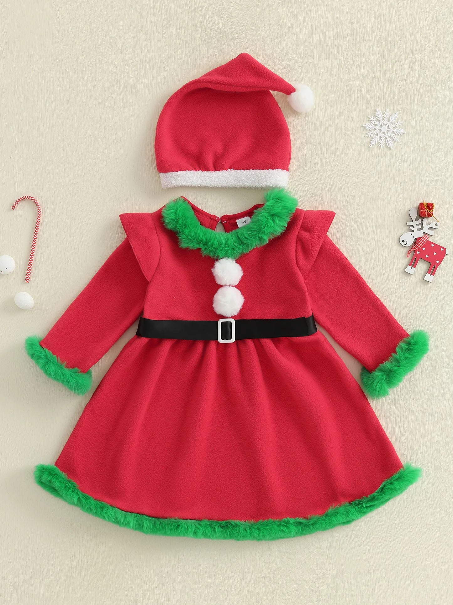 Christmas Girls A-line Dress with Flutter Sleeves Round Neck Belted Waist and Santa Hat - Festive Princess Dress for the
