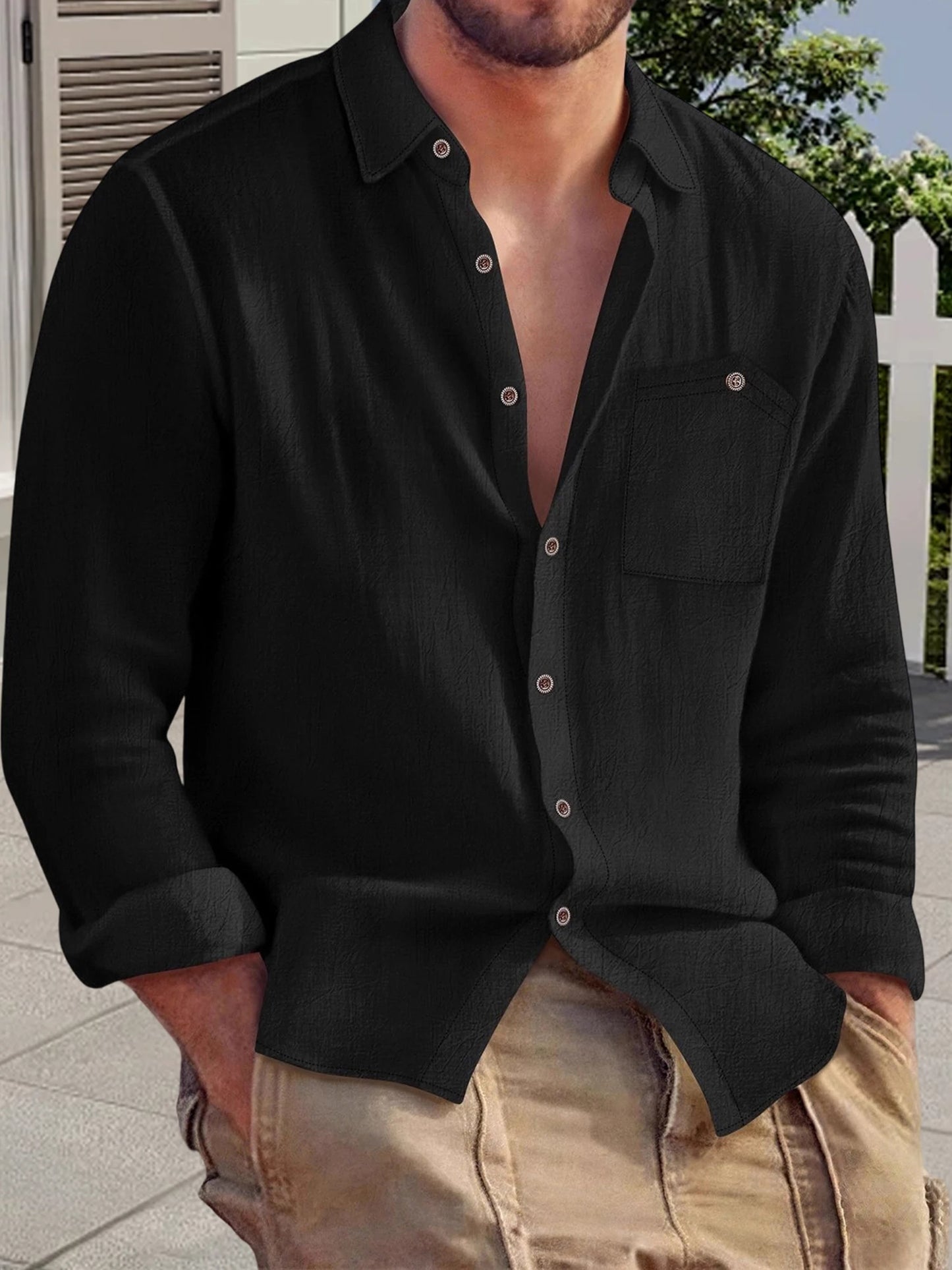 Men s Relaxed Fit Long Sleeve Solid Color Button Down Shirt with Turn-down Collar and Chest Pockets for Autumn Casual Wear