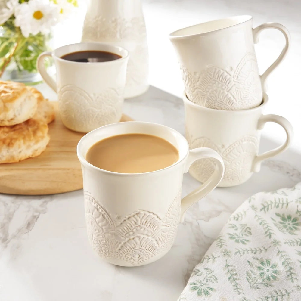 Drinkware Vintage Lace Ceramic Mug Set 4-Pack Dishwasher Safe Stoneware