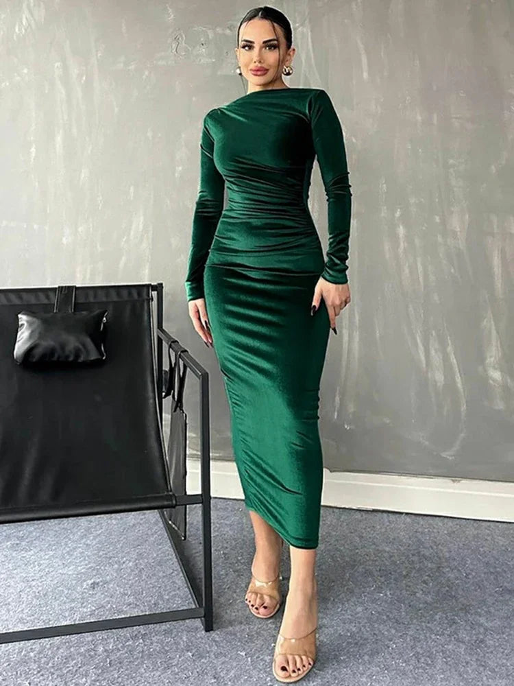Dulzura Velvet Long Sleeve Midi Dress For Women Ruched Party
