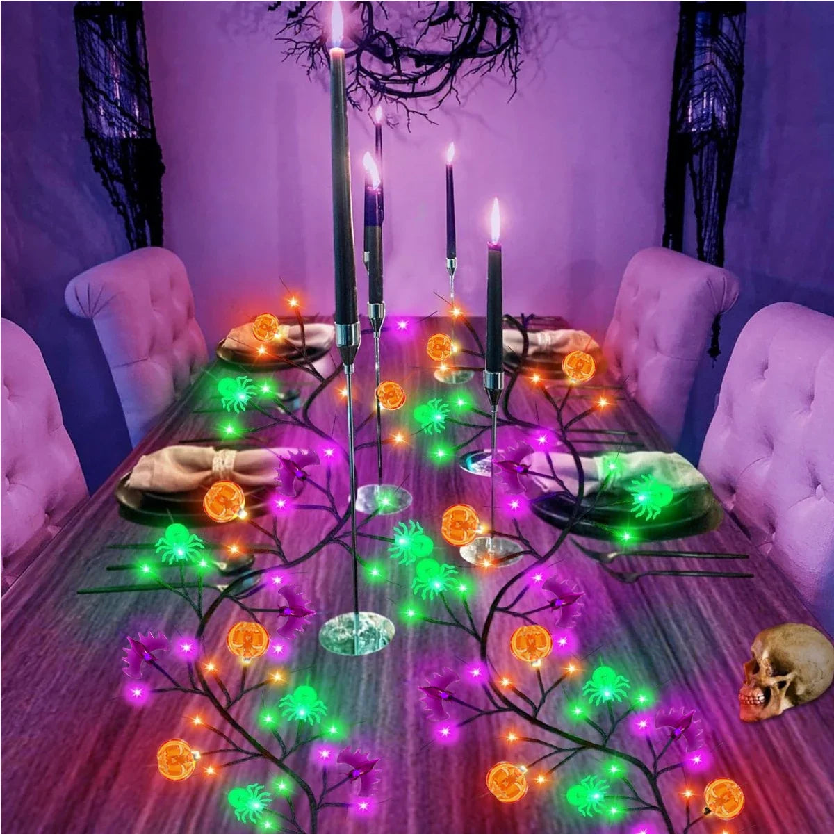 Willow Vine Halloween String Lights With Bat Spider Pumpkin