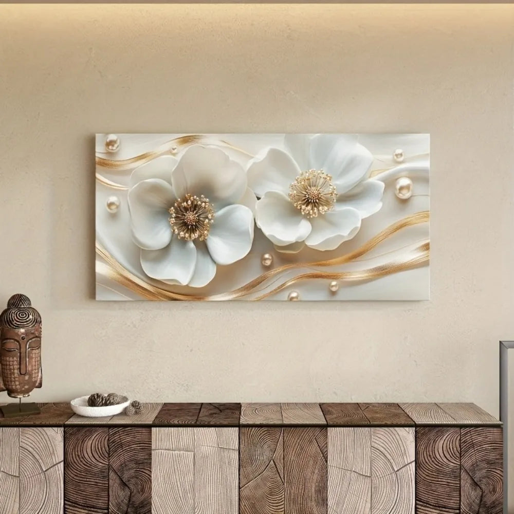Modern abstract white floral canvas wall art with gold embellishments - elegant interior with 1.5 inch thick pine frame