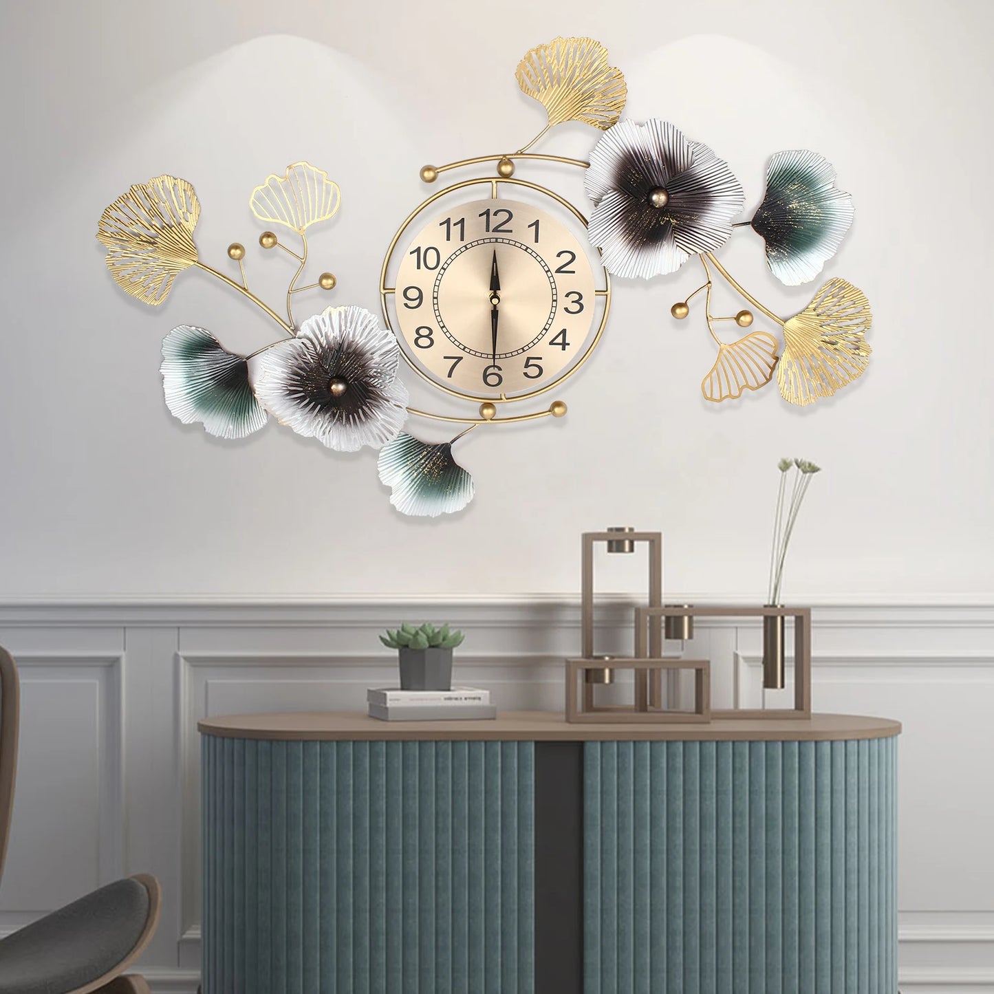 90*45 Cm Large Metal Wall Clock Ginkgo Leaf Quartz Movement Wall Watch Home Decor Battery Powered for Living Room/hallway/office