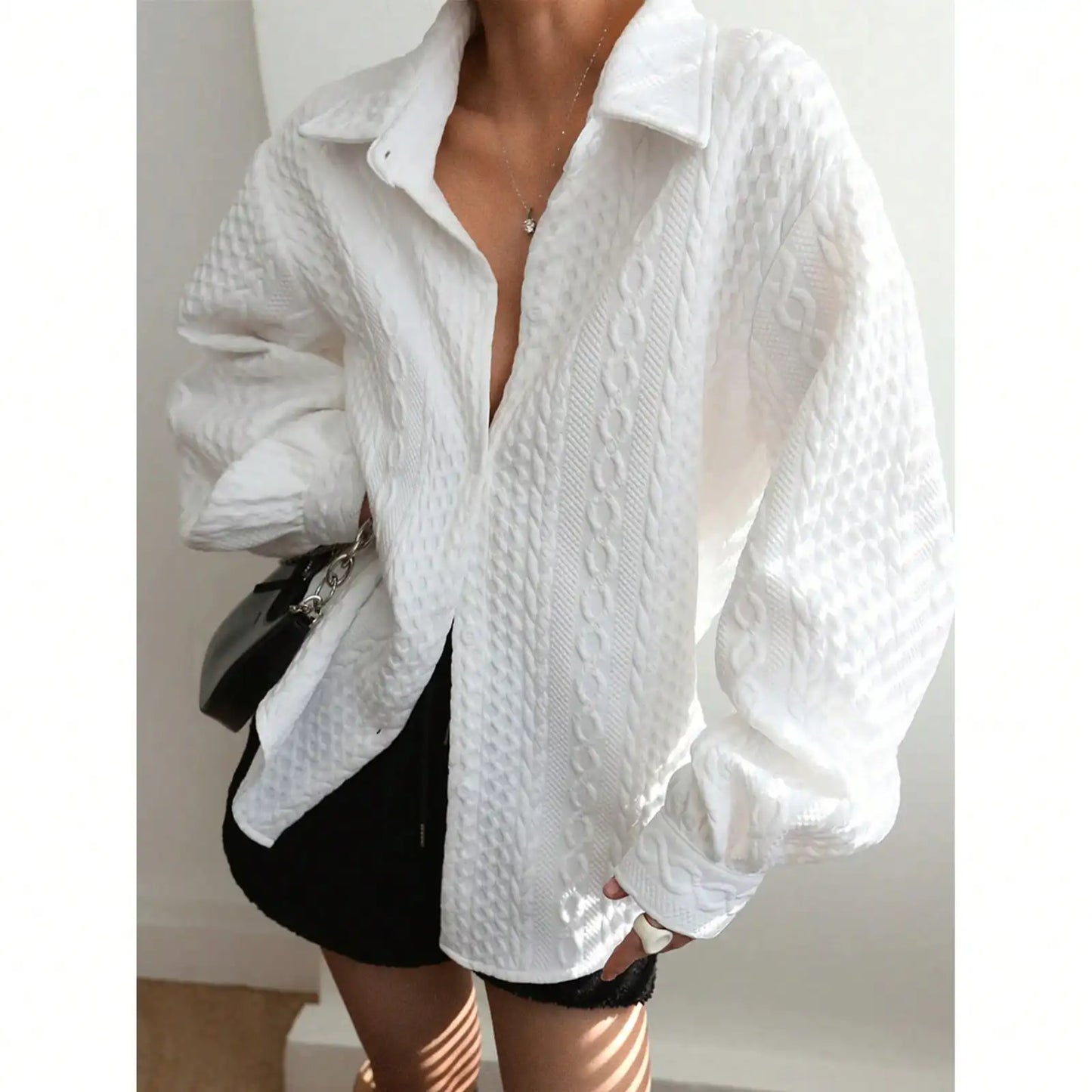 Fisoew Womens Oversized Button Down Shirts Textured Collared Long Sleeve Shacket Casual Fall Blouses Tops