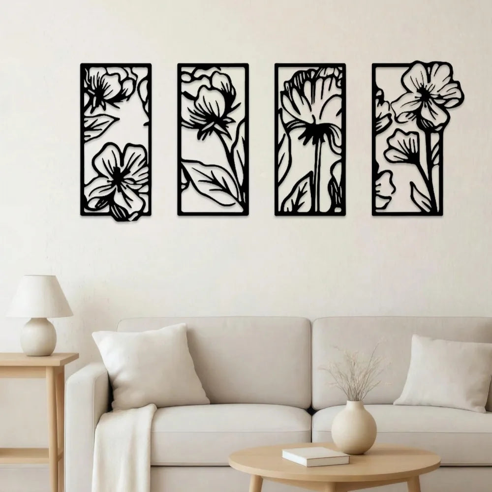 CIFBUY 4 Piece Metal Floral Wall Art Set
