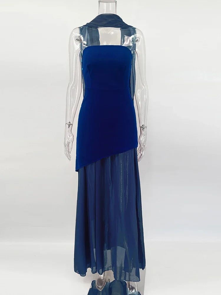 TARUXYCN Strapless Ribbon Dress Women Elegant Mesh Sleeveless Maxi Beach Vacation