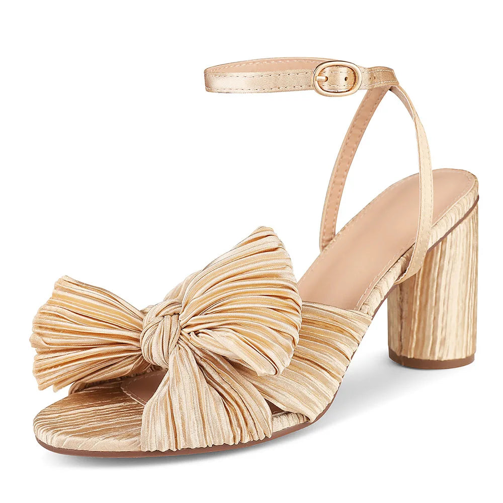 GIGIFOX Bowknot Elegant Super High Heel Sandals Pleated Ankle Strap Open Toe Round Heel Buckle Strap Shoes Fashion Dress Sandals