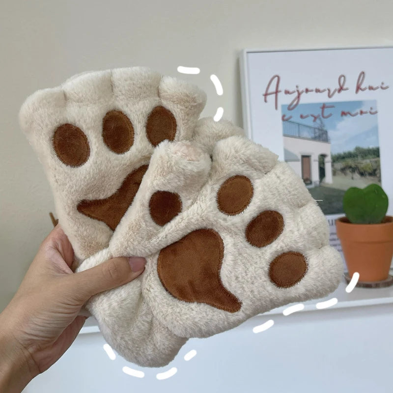 Lovely Plush Cat Claw Paw Gloves Plush Mittens Warm Soft Plush Short Fingerless Fluffy Bear Gloves Costume Half Finger Gloves