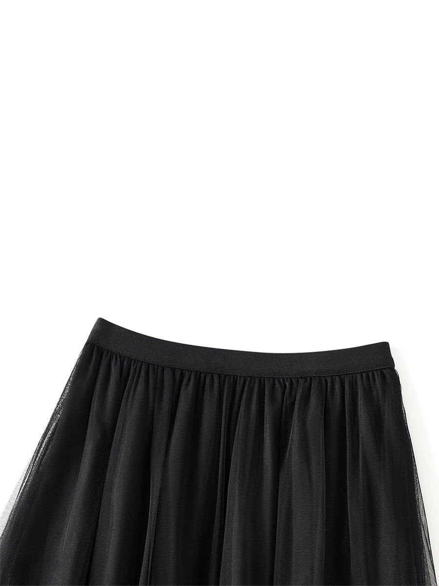 Women’s Tulle Long Skirts Elastic High Waist Ruffle Hem Tutu Skirts Fluffy A-line Midi Skirts
